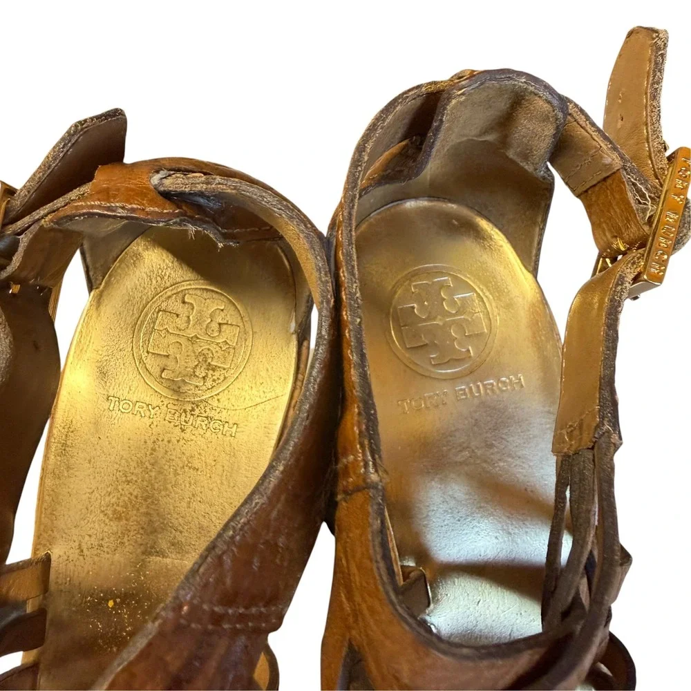 Tory Burch Tan Leather Woven Strappy Cork Wedge Sandals Gold Insole Size 7M